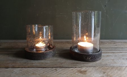 Windlicht met houten onderzetter (ook als potje met deksel te gebruiken)