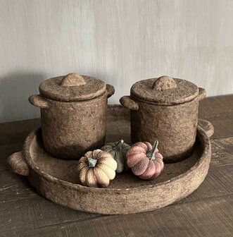Schaal met 2 potjes met deksel bruin (set)