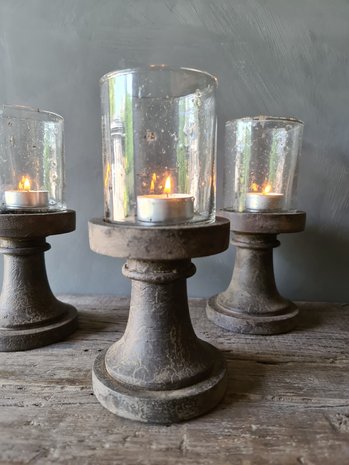 Waxinelicht glas op houten voet grey finish
